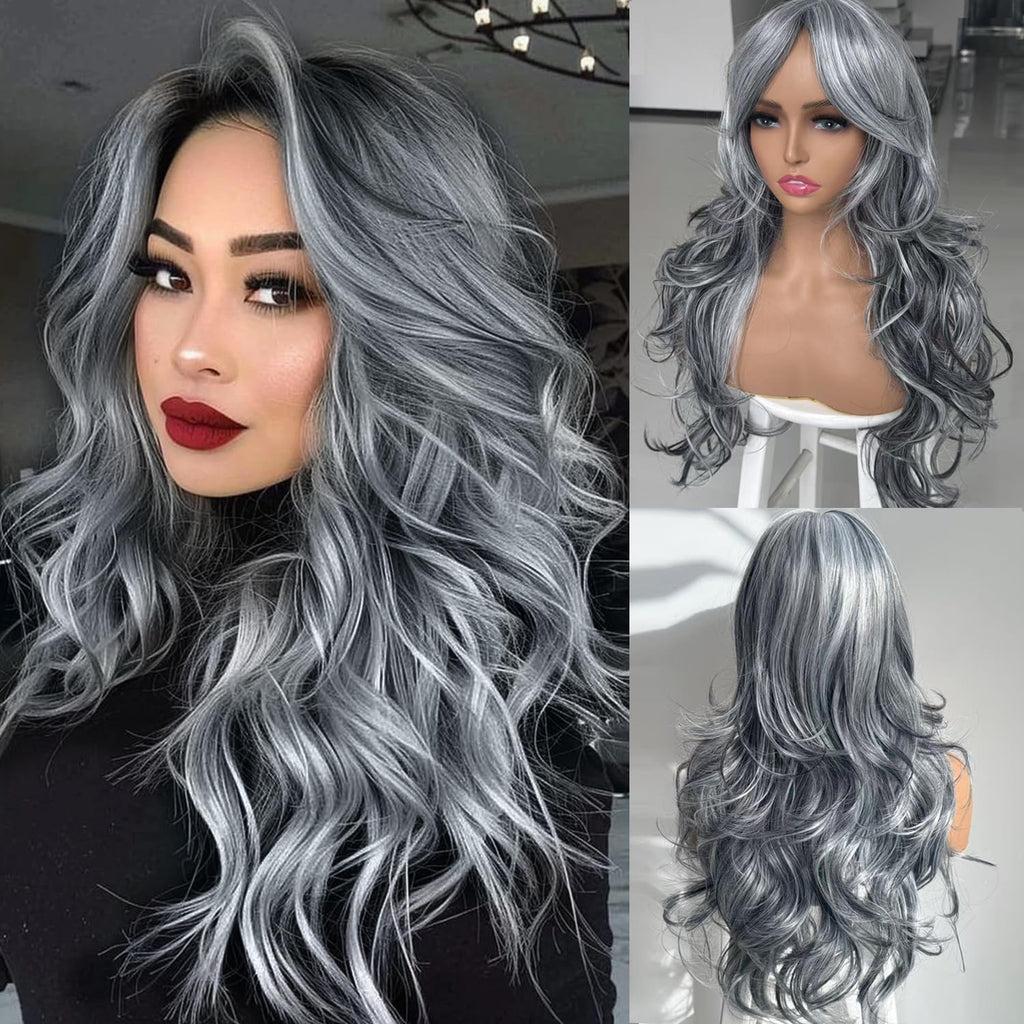 Pelucas Jadeadyseg gris plateado para mujer, peluca larga en capas con mechas grises degradadas, sintética gris claro con flequillo cortina para mujeres negras y blancas, larga, gris degradada, ondas naturales, raya al medio, 61 cm (24 pulgadas)