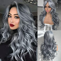 Pelucas Jadeadyseg gris plateado para mujer, peluca larga en capas con mechas grises degradadas, sintética gris claro con flequillo cortina para mujeres negras y blancas, larga, gris degradada, ondas naturales, raya al medio, 61 cm (24 pulgadas)