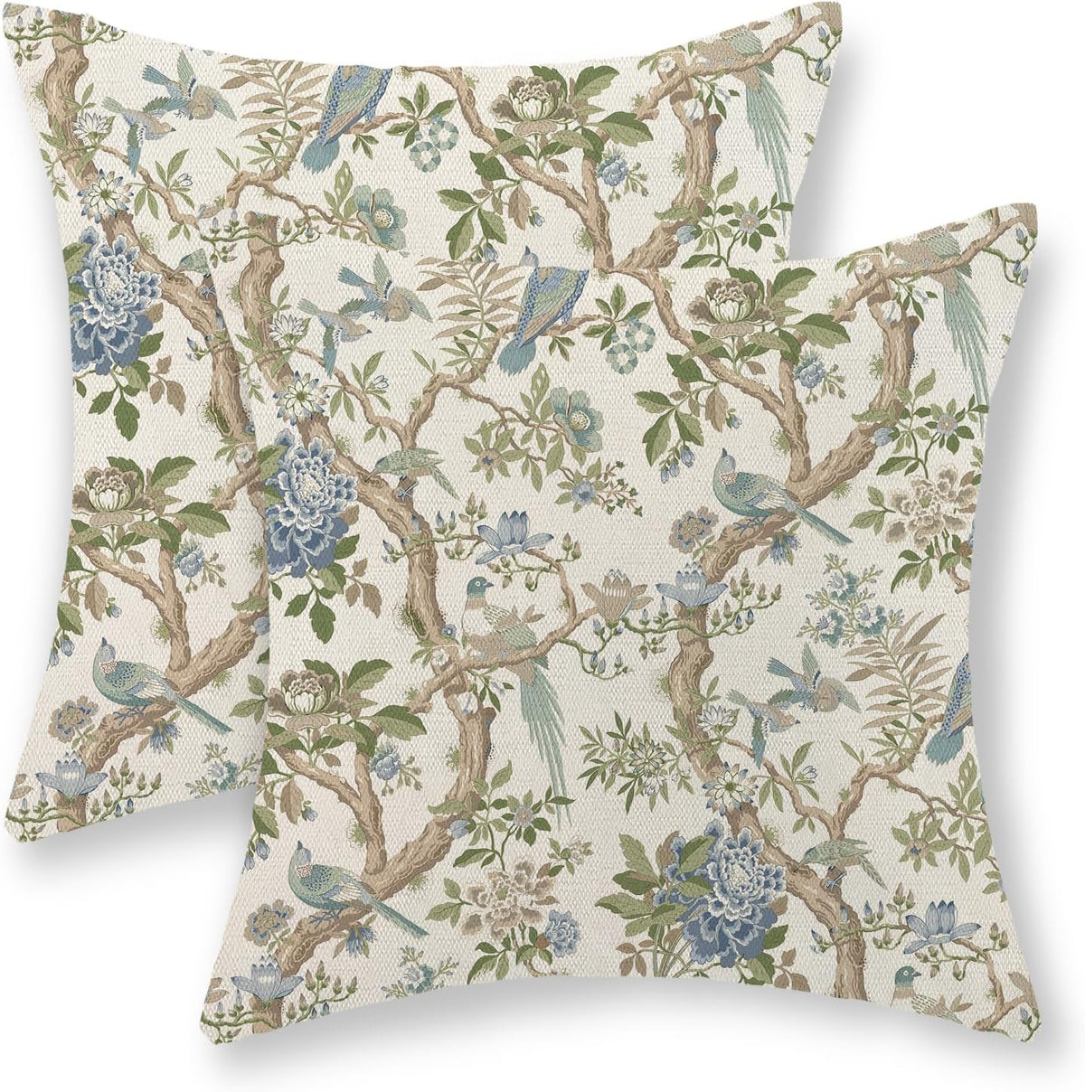 Fundas de almohada con estampado floral de pájaros en azul y verde, 20x20 cm, juego de 2 cojines decorativos de estilo chinoiserie. Fundas de almohada decorativas con flores y pájaros en verde vintage para exteriores, estilo rústico