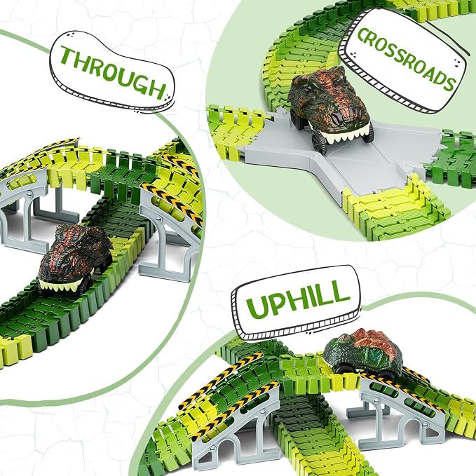 Juguetes de dinosaurio, crea una carrera de carretera mundial de dinosaurios, juego de pista flexible y 2 piezas de autos de dinosaurio geniales para niños de 3, 4, 5, 6 años y más, el mejor regalo