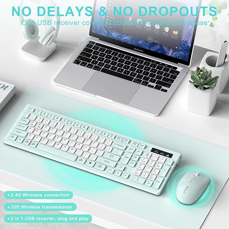 Combo de teclado y ratón inalámbrico silencioso, teclado inalámbrico de tamaño completo y ratón con DPI ajustable, receptor USB de 2.4GHz, teclado y ratón para PC, Windows, MAC, escritorio, portátil