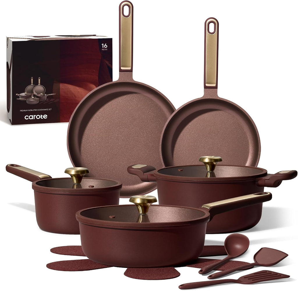 CAROTE Pots and Pans Set Nonstick, 14pcs Cookware Set Nonstick Non-Toxic & PFOA&PFOS-Free, Dishwasher, RV/Camping Cookware Set, Cooking Pots with Lids,Wine Red