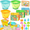 Juguetes de playa Dreamon para niños de 3 a 10 años, juguetes de arena plegables que incluyen 3 cubos plegables con bolsa de malla, 24 moldes de playa y palas, juguetes de playa tipo arenero de viaje para niños pequeños