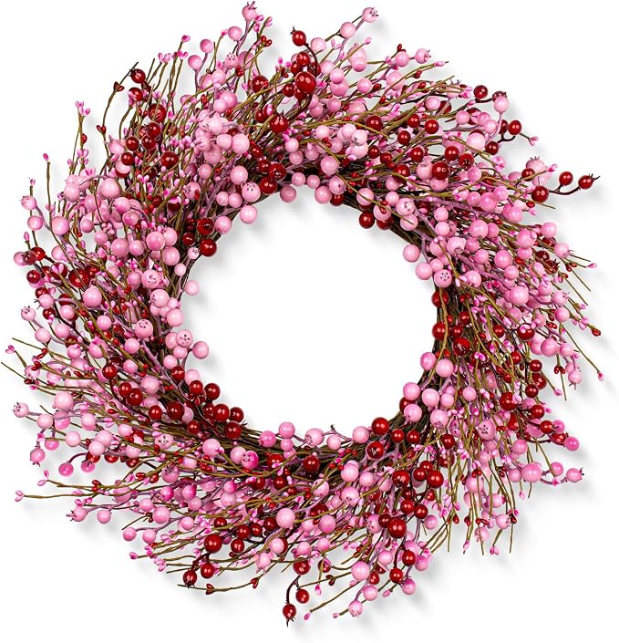 Corona Decorativa de San Valentín LLZLL 22" — Artificial con Bayas Rosas y Rojas, Para Puerta, Aniversarios y Bodas