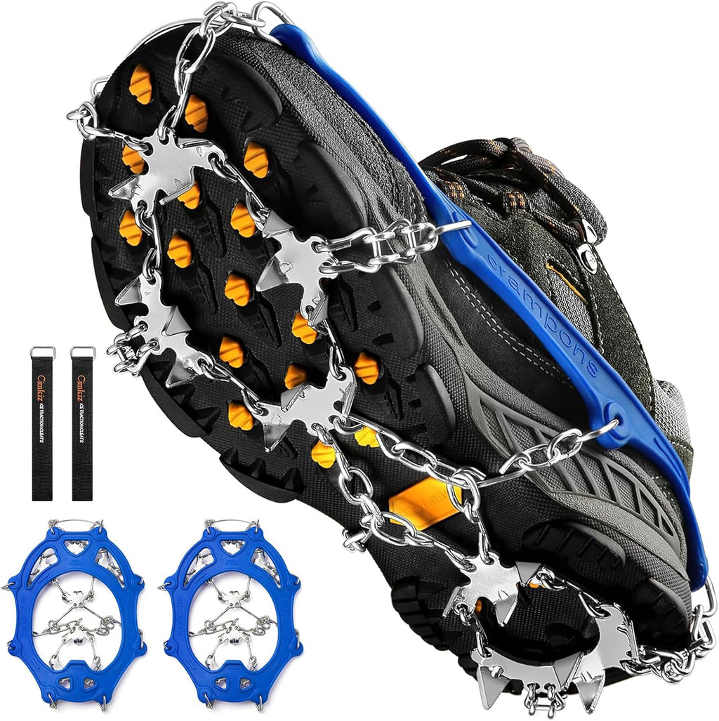 Crampones Cimkiz para hielo, agarres de tracción para nieve, botas, zapatos, mujeres y hombres, antideslizantes, 19 clavos de acero inoxidable, protección segura para senderismo, pesca, caminatas, escalada y montañismo. 