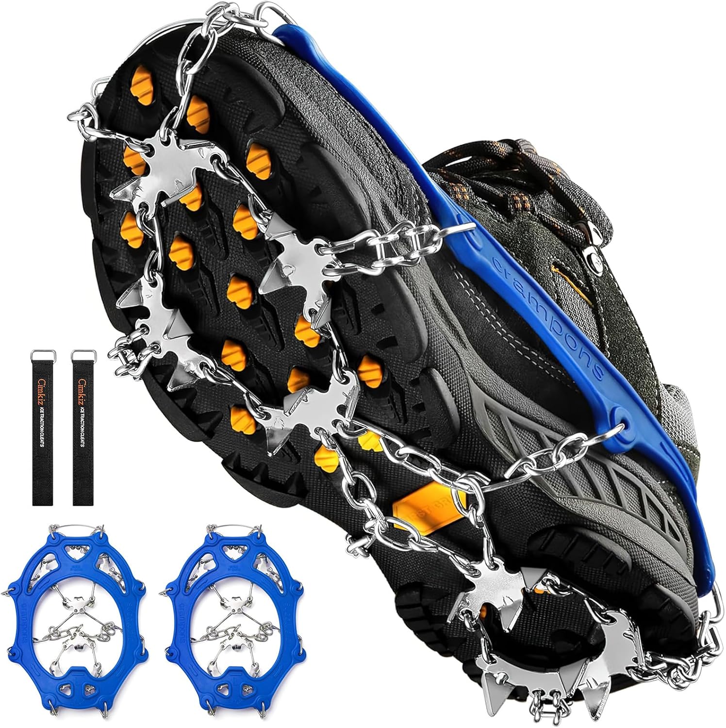 Crampones Cimkiz para hielo, agarres de tracción para nieve, botas, zapatos, mujeres y hombres, antideslizantes, 19 clavos de acero inoxidable, protección segura para senderismo, pesca, caminatas, escalada y montañismo. 