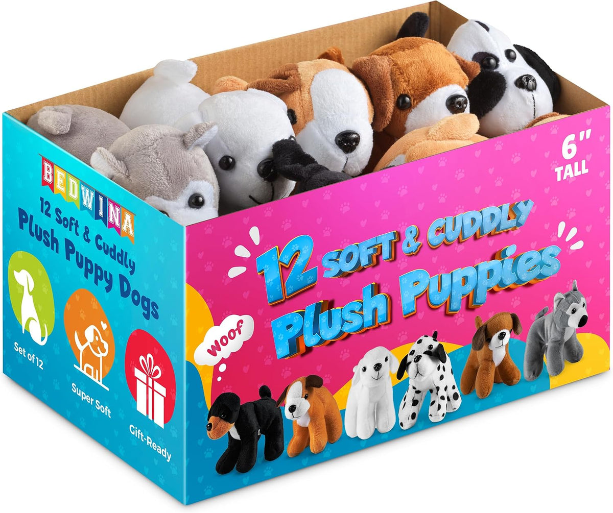 Perros de peluche Bedwina - (Paquete de 12) Pequeños animales de peluche de 15 cm de alto, surtido de cachorros y lindos perros de peluche para fiestas infantiles.