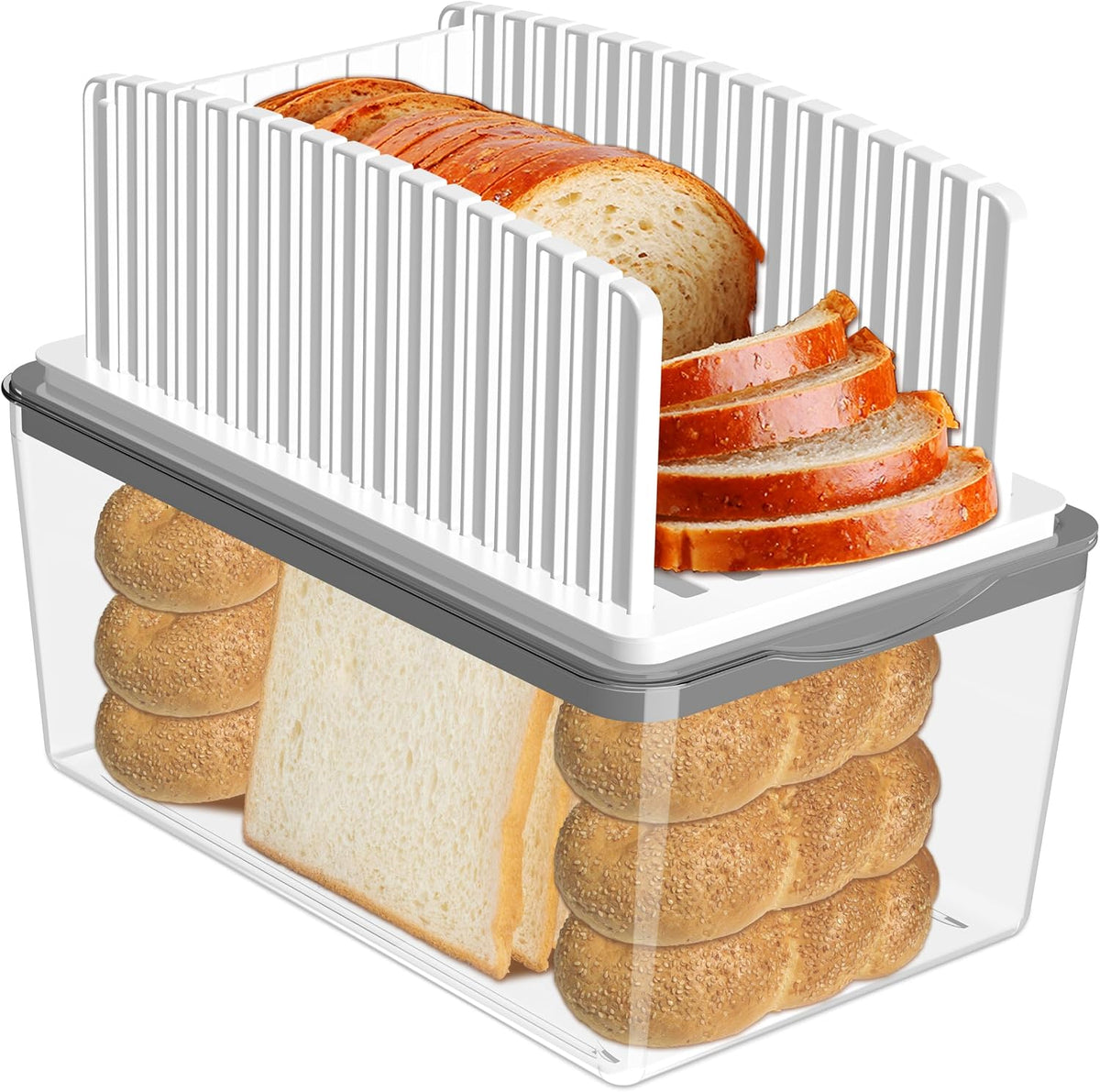 TAPAS QUEBRADAS EN LAS ESQUINAS-Cortadora de pan Kiss Core Upgrade para pan casero con caja para pan, guía de corte de ancho ajustable, guía de corte plegable y compacta con bandeja recogemigas, adecuada para pan casero, bagels y pasteles.