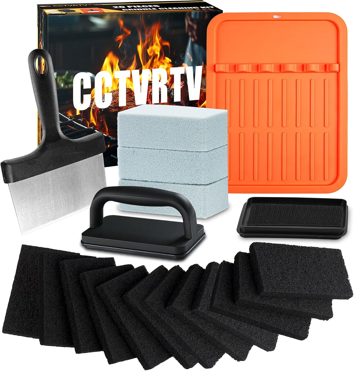 Kit de limpieza mejorado para plancha Blackstone. para parrilla plana, con raspador para plancha, tapete de silicona resistente al calor con soporte, piedra para parrilla y cepillo para plancha.