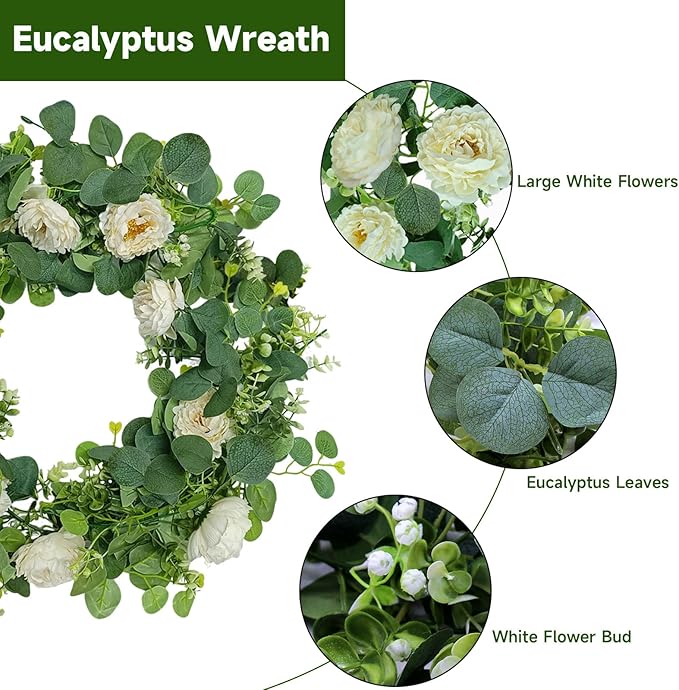 Dolicer 4Pcs 26Ft Artificial Eucalyptus Garlands with Flowers - 8 Roses, Faux Floral Greenery Garlands Fake Flowers Vines for Wedding Table Centerpieces Arch Party Ceremony Backdrop Decor (White)