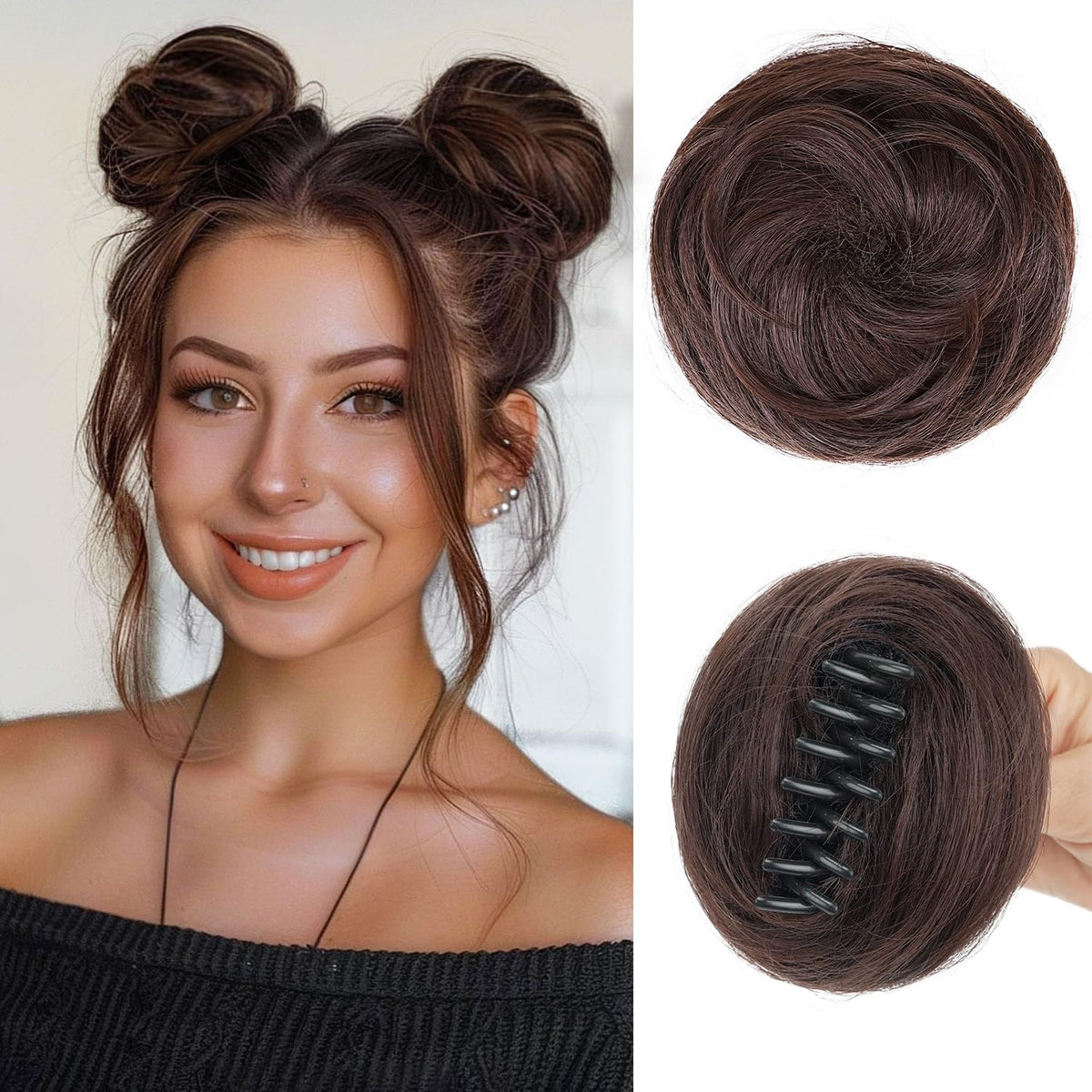Moños Cabello Postizos Foaoit Sintético, Space Buns, 2 Pack Clip Garra, Wedding Cosplay Fiesta (Marrón Chocolate)