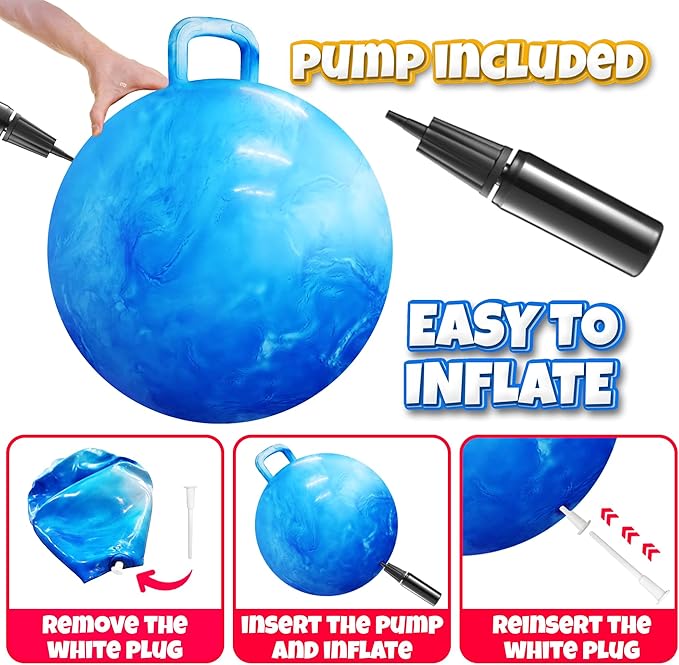 Bedwina Pelota de rebote para niños, bola de tolva de 20 pulgadas con mango y bomba | Juguete inflable divertido y duradero para niños | Juguete inflable seguro para jugar en interiores y exteriores