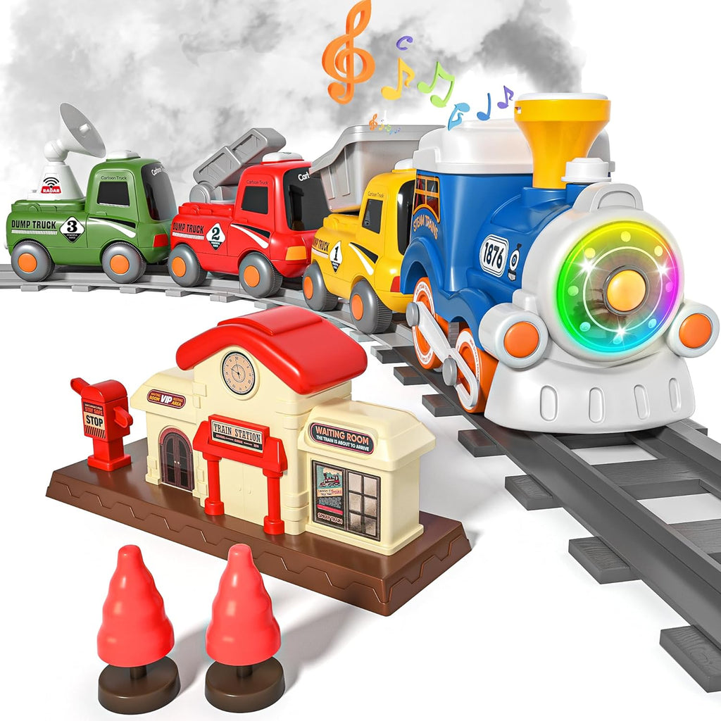 Tren eléctrico para niños pequeños con vapor, música y luces: primer tren eléctrico para niños pequeños, tren magnético, regalo de cumpleaños y Navidad para niños y niñas. 