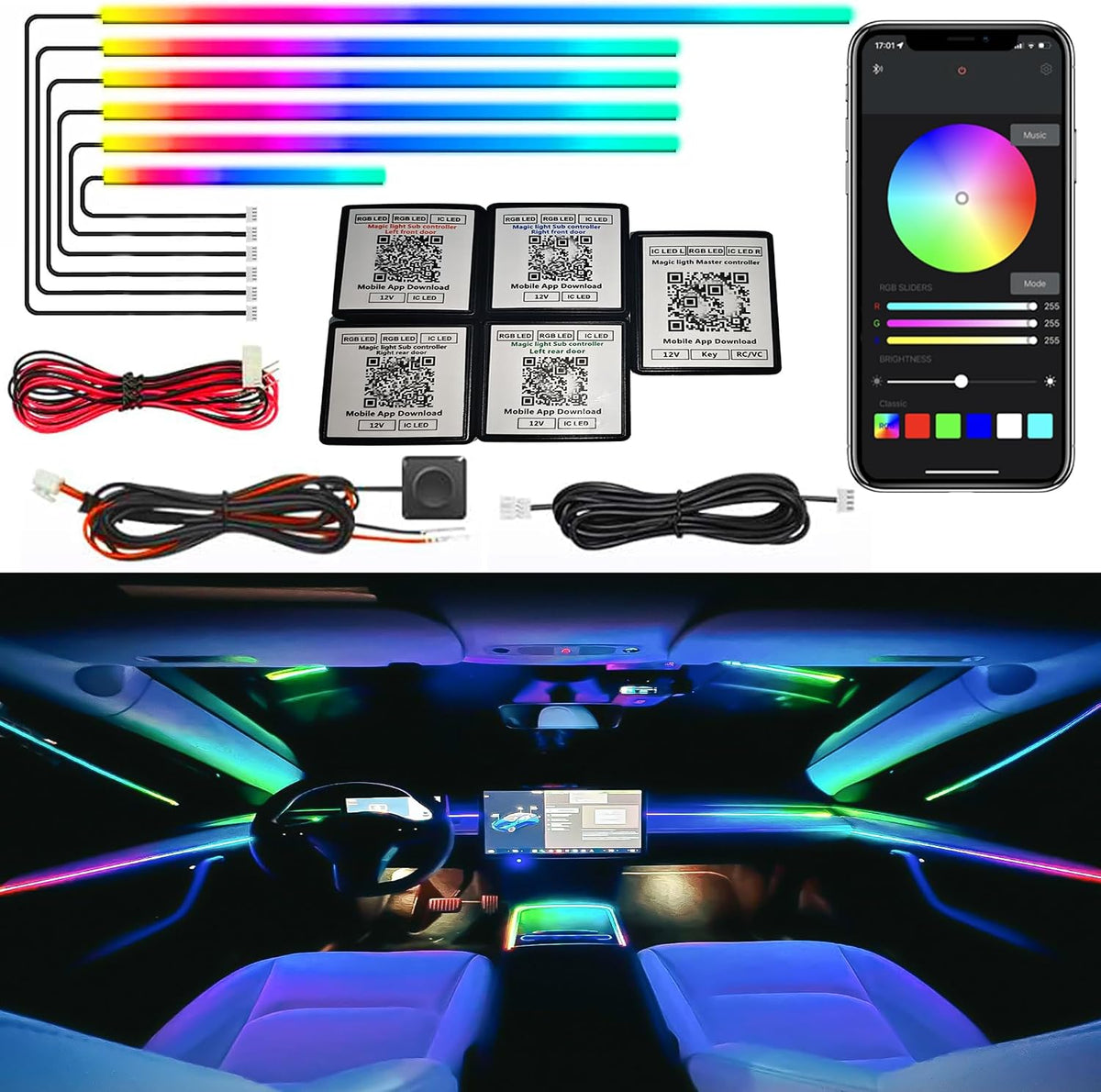 Daño en uno de los cables de conexión-Tira de luces LED acrílicas Dreamcolor para interior de coche, kits de iluminación ambiental de fibra óptica RGB 6 en 1, luces de neón para coche con función activada por sonido y 16 millones de colores