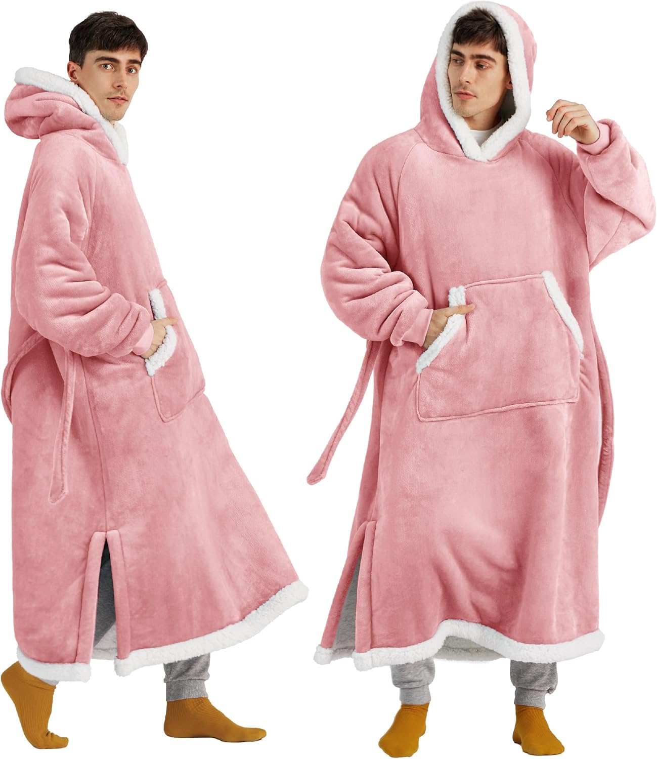 Bedsure Wearable Blanket Hoodie, Long Hooded Blanket Sweatshirt as Christmas Birthday Gifts for Men, Cozy Sherpa Hoodie for Adult, Oversize, Rose Pink