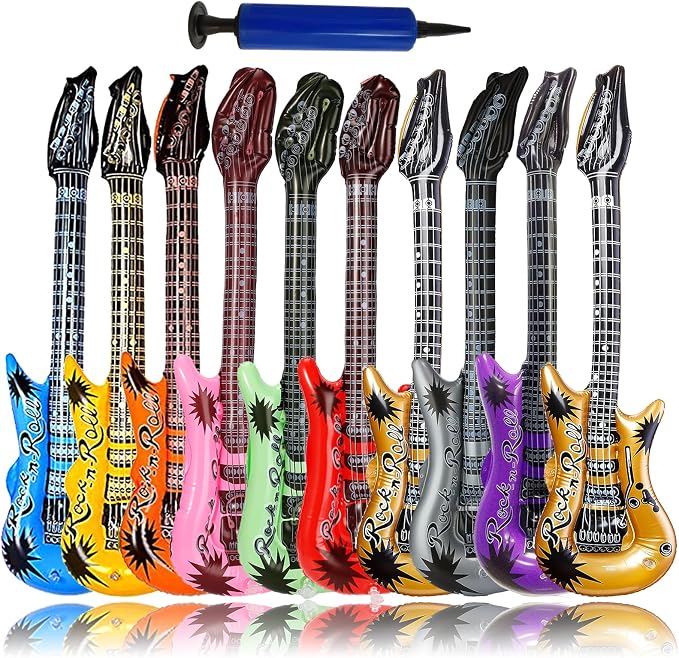 10 PACK Smilixin - Juego de guitarra inflable, 10 guitarras de 38 pulgadas y 1 inflador, juguete de estrella de rock