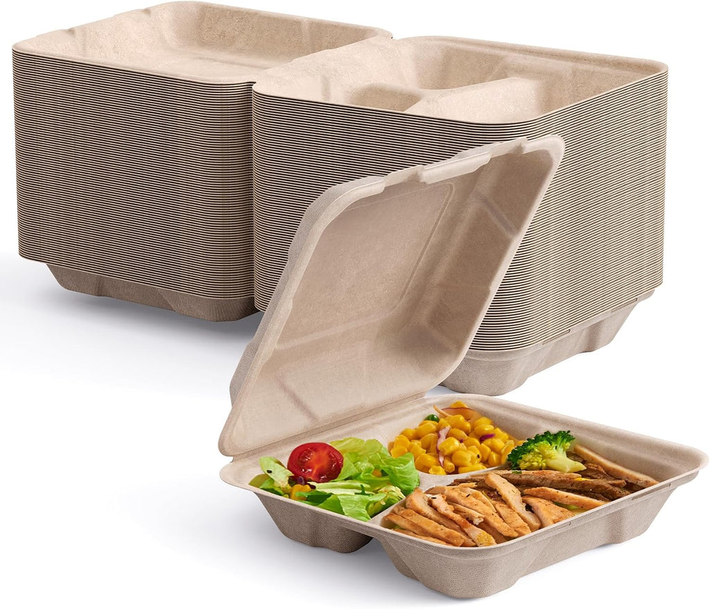 Paquete de 50 envases compostables para comida para llevar ECOLipak, 8 pulgadas, 3 compartimentos