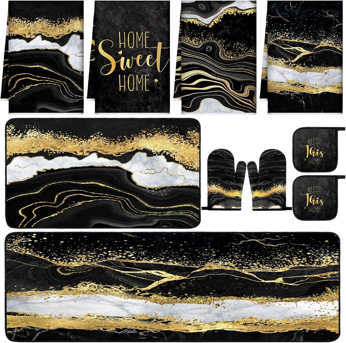 Set Decoración Cocina Fourluoo 10 Piezas Estilo Granja Mármol – Paños, Alfombras, Guantes y Agarraderas Negro y Dorado Moderno