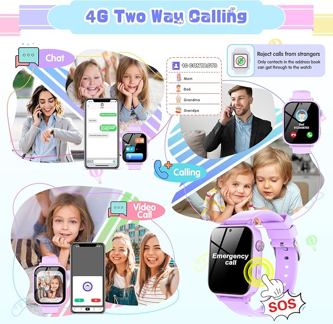 Smartwatch 4G para Niños con GPS, Videollamada y SOS — Pantalla Táctil HD, Modo Clase, Juegos y Tarjeta SIM — Color Morado