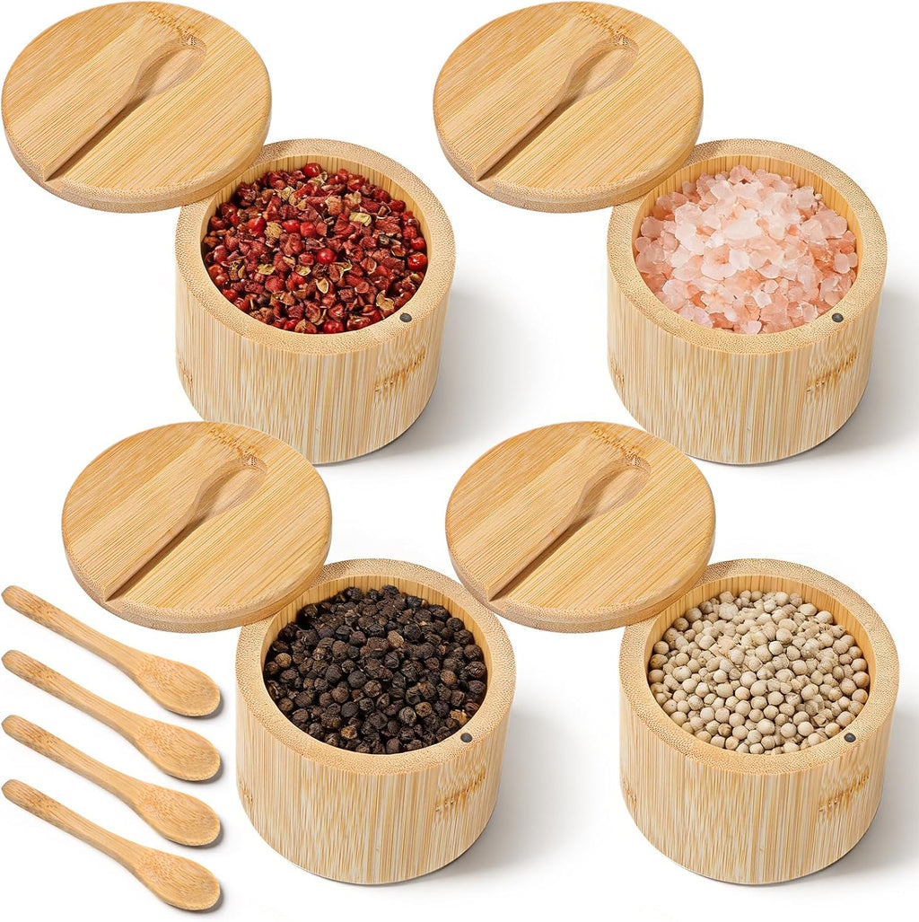 KongTiva Salero de bambú de 4 piezas con cuchara incorporada y tapa giratoria magnética, recipientes de bambú para sal y pimienta, caja de almacenamiento de condimentos para sal, pimienta, azúcar y especias, 170 g
