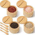 KongTiva Salero de bambú de 4 piezas con cuchara incorporada y tapa giratoria magnética, recipientes de bambú para sal y pimienta, caja de almacenamiento de condimentos para sal, pimienta, azúcar y especias, 170 g