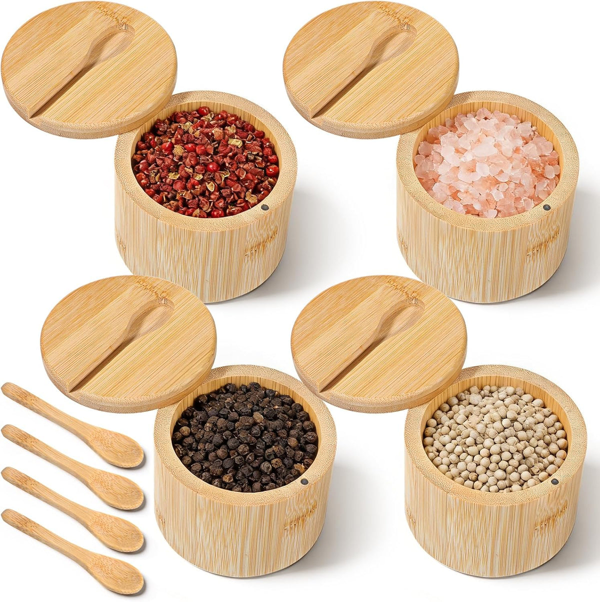 KongTiva Salero de bambú de 4 piezas con cuchara incorporada y tapa giratoria magnética, recipientes de bambú para sal y pimienta, caja de almacenamiento de condimentos para sal, pimienta, azúcar y especias, 170 g