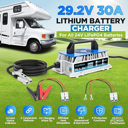 Cargador de batería de litio de 24 V 30 A, cargador de batería LiFePO4 de 29,2 V, resistente al agua IP67 y función de activación a 0 V, cargador de litio de 24 voltios con 2 conectores y 8 protecciones para baterías