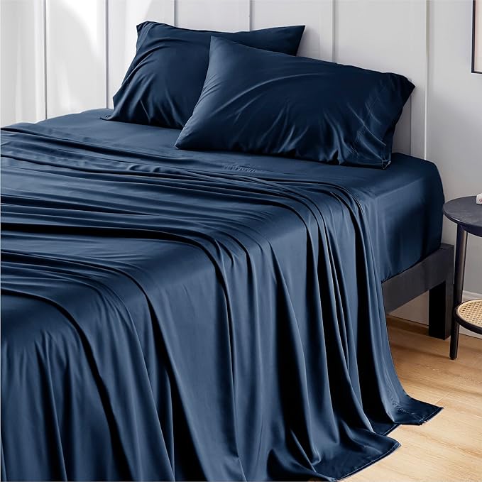 Bedsure Sábanas King Size de Bambú – Refrescantes, Suaves y Transpirables, Bolsillo Profundo 16", Azul Marino