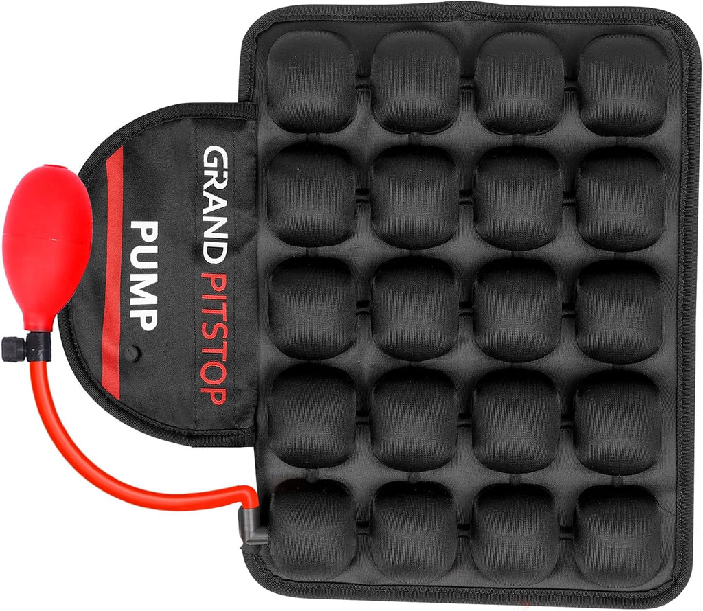 Cojin de Aire GRAND PITSTOP para Asiento de Motocicleta con Bomba de Inflado | Almohadilla Inflable con Malla Transpirable y Base Antideslizante | Asiento del Pasajero