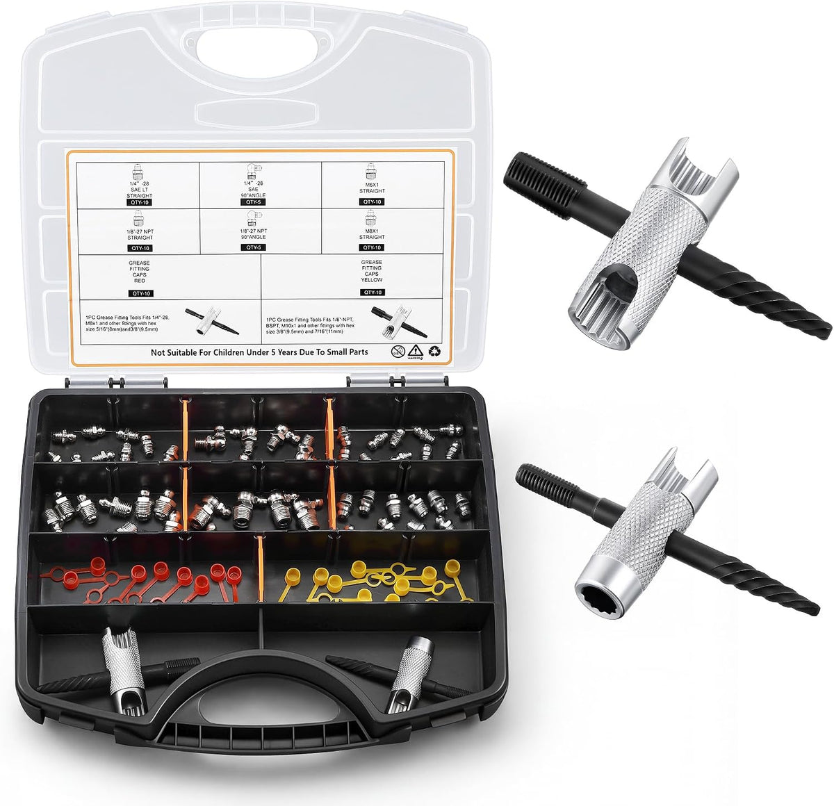 Kit completo de reemplazo de boquillas de engrase Dreyoo, herramienta de engrase Zerk para pistola de engrase, boquillas Zerk SAE y métricas, multiherramientas, tapas protectoras y surtido de herramientas de limpieza y extracción.