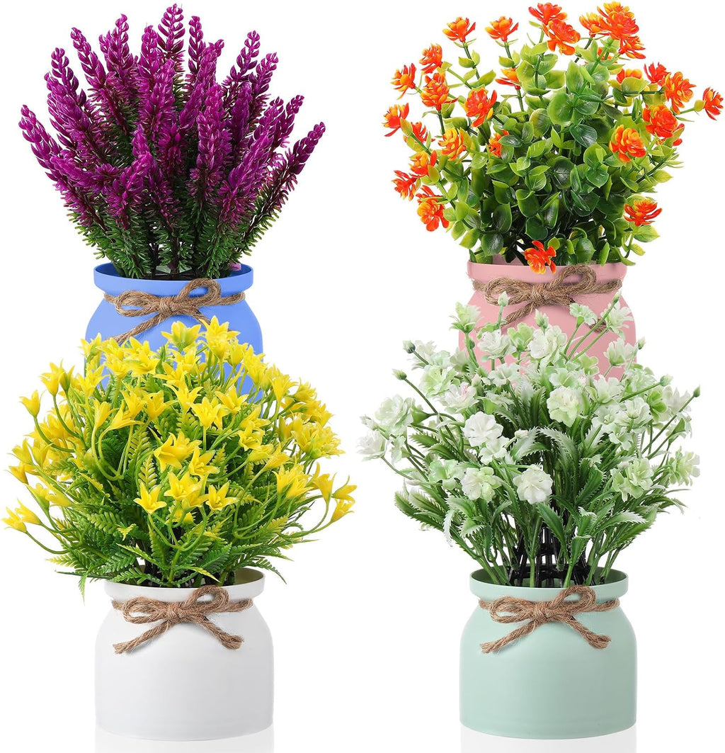 Cindeer 4 piezas de flores artificiales grandes en maceta, plantas artificiales de plástico en maceta para decoración del hogar, plantas artificiales de interior en macetas para bodas, hogar, escritorio, mesa, exterior, oficina, cocina (clásico)