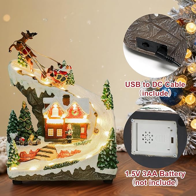 Giftgarden Christmas Village House with Santa Deer and Sleigh, Musical Lighted Christmas Building Decoration Indoor Collectible