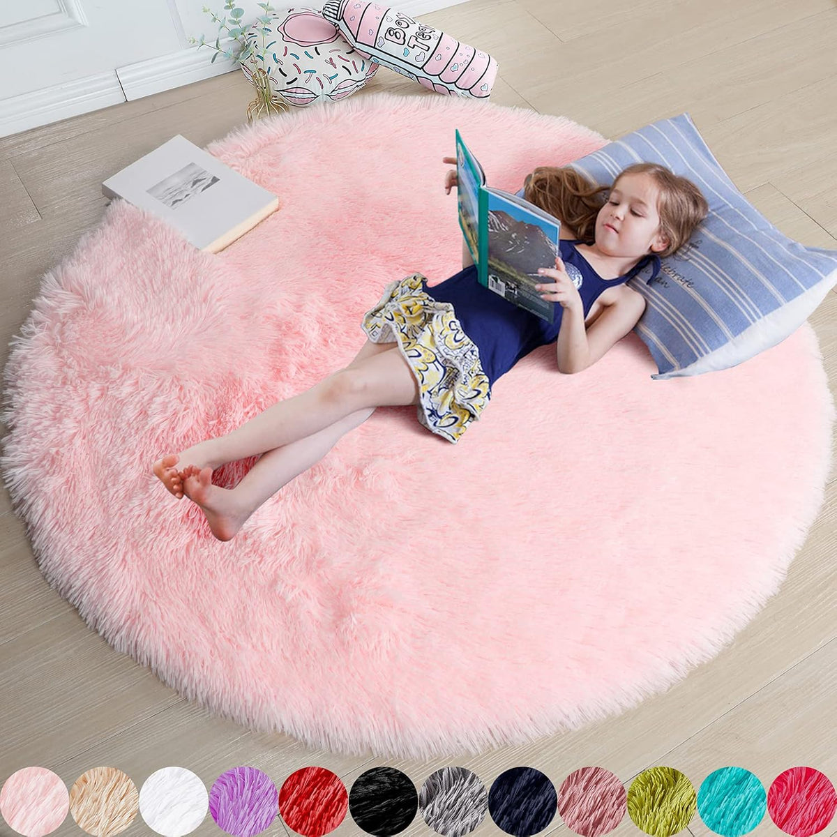 Alfombra Redonda Amdrebio Rosa Palo 4 Pies Peluda para Cuarto de Ninas | Shag Suave Kawaii Decoracion
