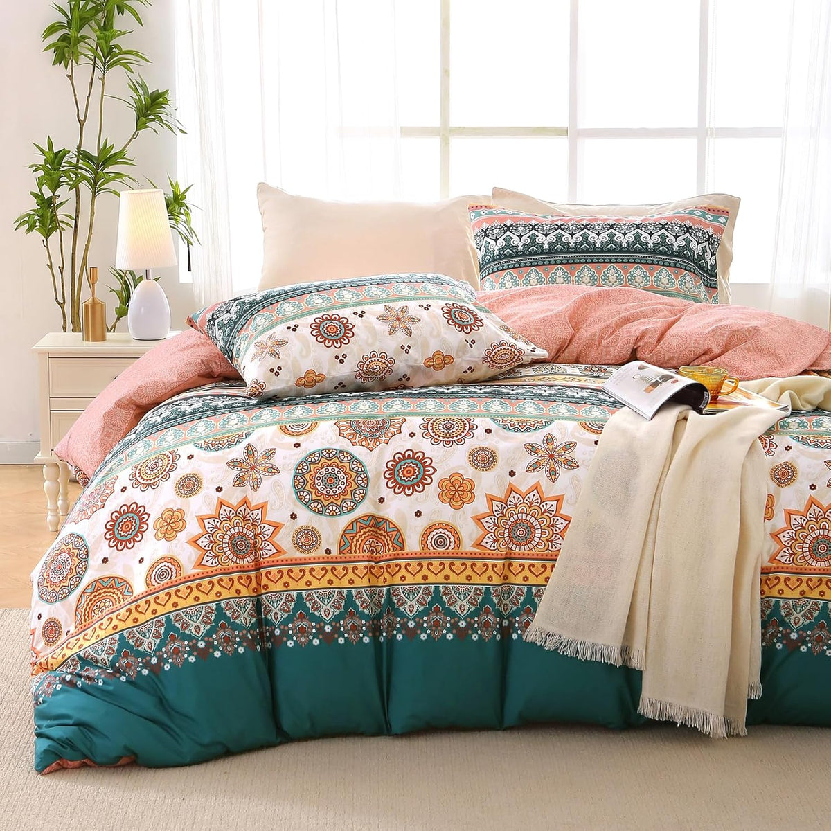 MUXHOMO Juego de Funda de Edredon King | Diseno Floral Boho Reversible con Cierre | 3 Piezas de Microfibra Suave con Estampado Botanico | 264x229 cm con 2 Fundas de Almohada