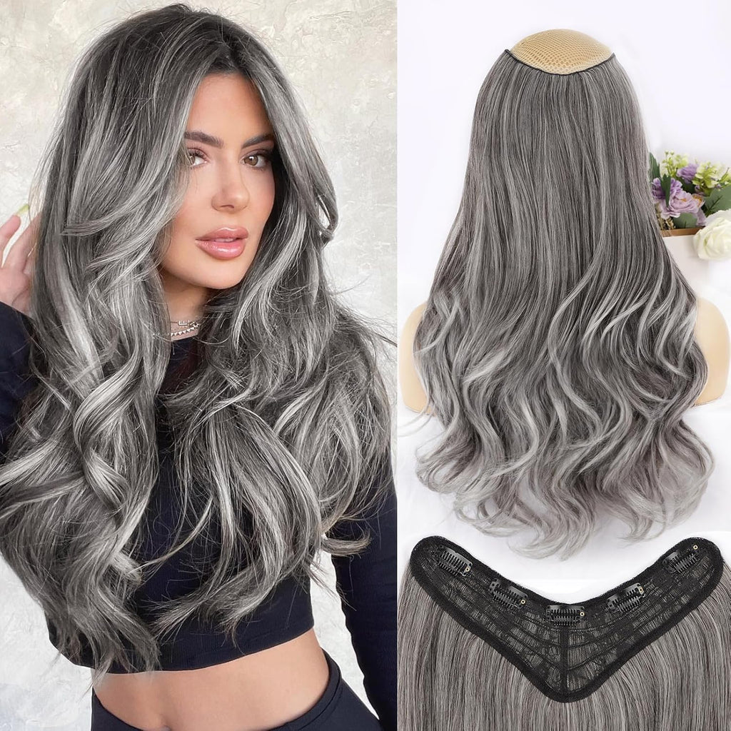 Extensiones de cabello largo ondulado ALXNAN para mujer, extensiones de cabello con clip, suaves, sintéticas, para toda la cabeza, 20 pulgadas, gris/plata.