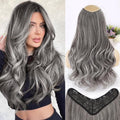 Extensiones de cabello largo ondulado ALXNAN para mujer, extensiones de cabello con clip, suaves, sintéticas, para toda la cabeza, 20 pulgadas, gris/plata.