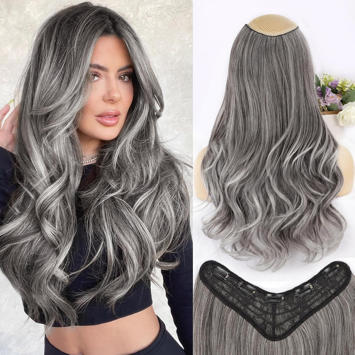 Extensiones de cabello largo ondulado ALXNAN para mujer, extensiones de cabello con clip, suaves, sintéticas, para toda la cabeza, 20 pulgadas, gris/plata.