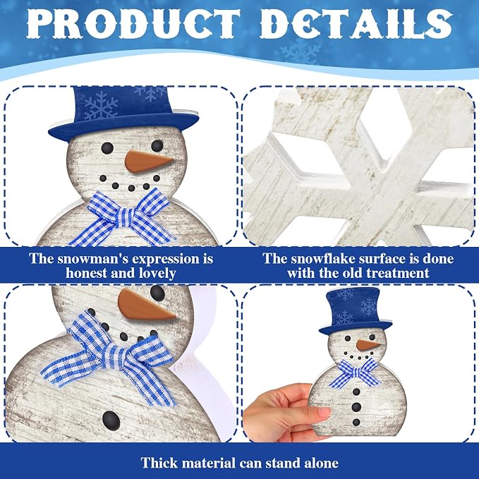 Yousoontic 5 piezas de decoración de mesa de invierno, muñeco de nieve de madera, muñeco de nieve azul y blanco, copo de nieve, bandeja escalonada, decoración de mesa de Navidad, centro de mesa