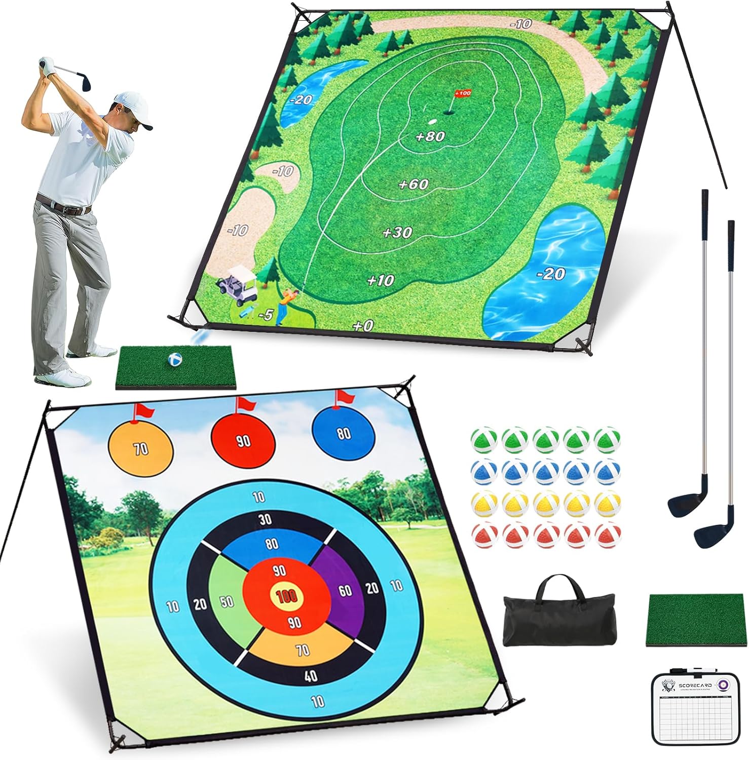 Golf Chipping Game Set, Large Double-Sided Golf Practice Mat, Portable Sticky Golf Game with 2 Clubs, 20 Sticky Balls for Indoor&Outdoor Yard, Family Fun (6FTx6FT