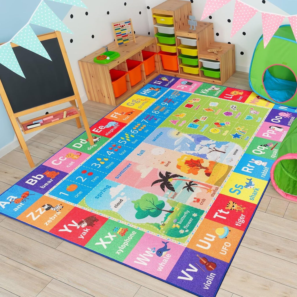 Macgace ABC Kids Rug for Playroom, 3x5 Washable Classroom Area Rugs, Toddler Educational Play Mat with Alphabet Numbers Seasons Shapes, Learning Fun for Preschool Children, Colorful