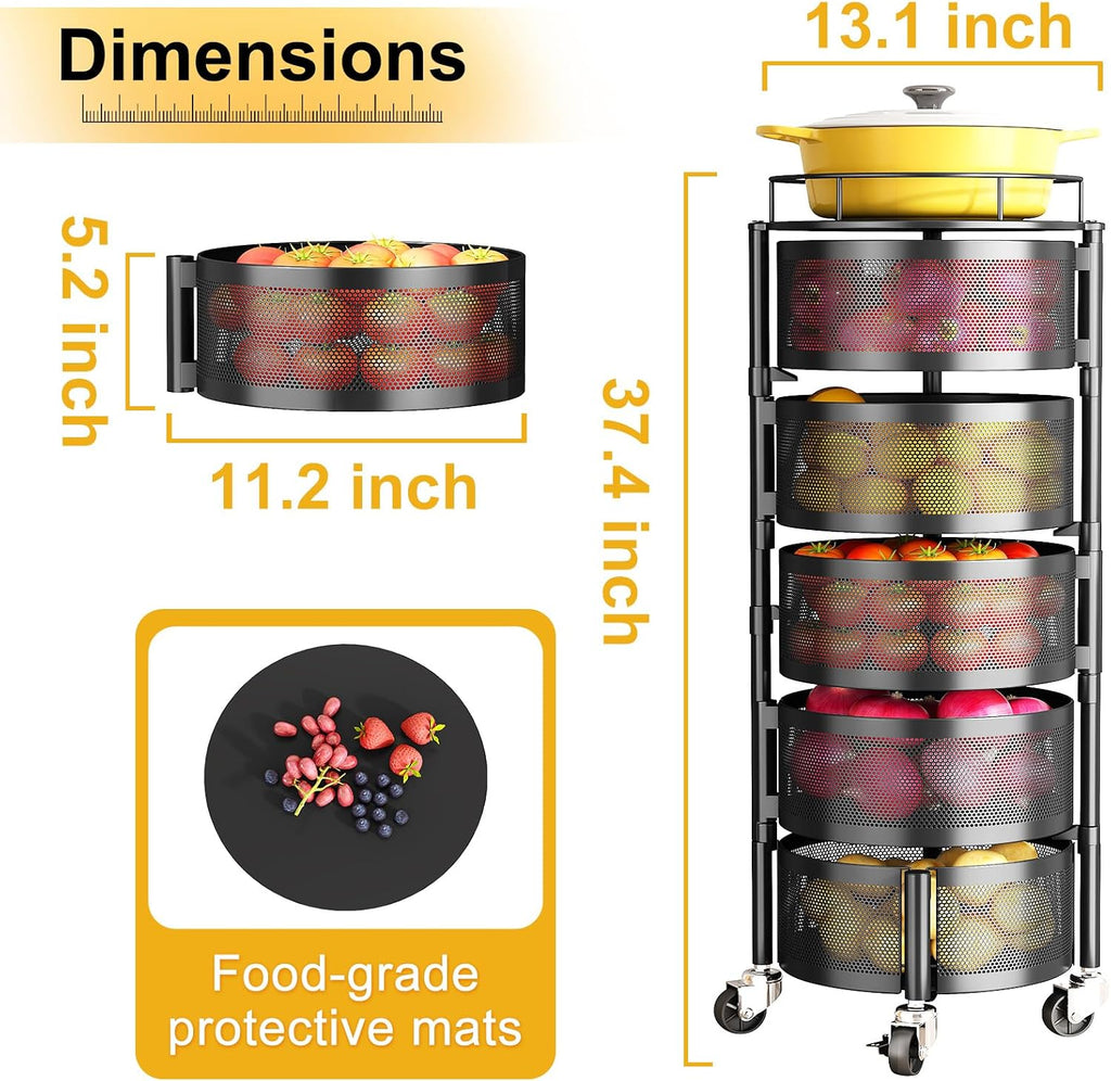 Carrito Organizador SNTD 5 Niveles con Ruedas | Canastas Giratorias para Frutas y Verduras | Negro