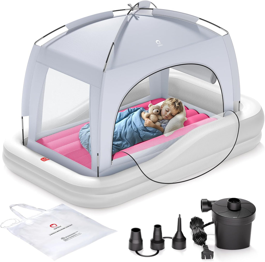 Cama de viaje inflable QPAU para niños pequeños con tienda de campaña, tienda de campaña para cuna de bebé