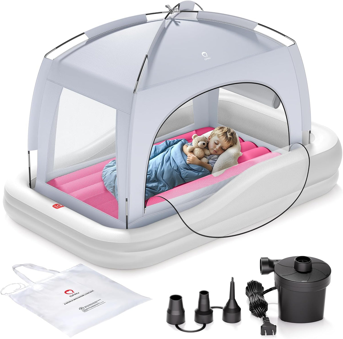 Cama de viaje inflable QPAU para niños pequeños con tienda de campaña, tienda de campaña para cuna de bebé