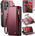 Funda Billetera Defencase para Galaxy S26 Ultra | Cuero PU con Bloqueo RFID y Porta Tarjetas | Cierre Magnetico, Correa y Zipper | Vino Tinto 6.9 Pulgadas