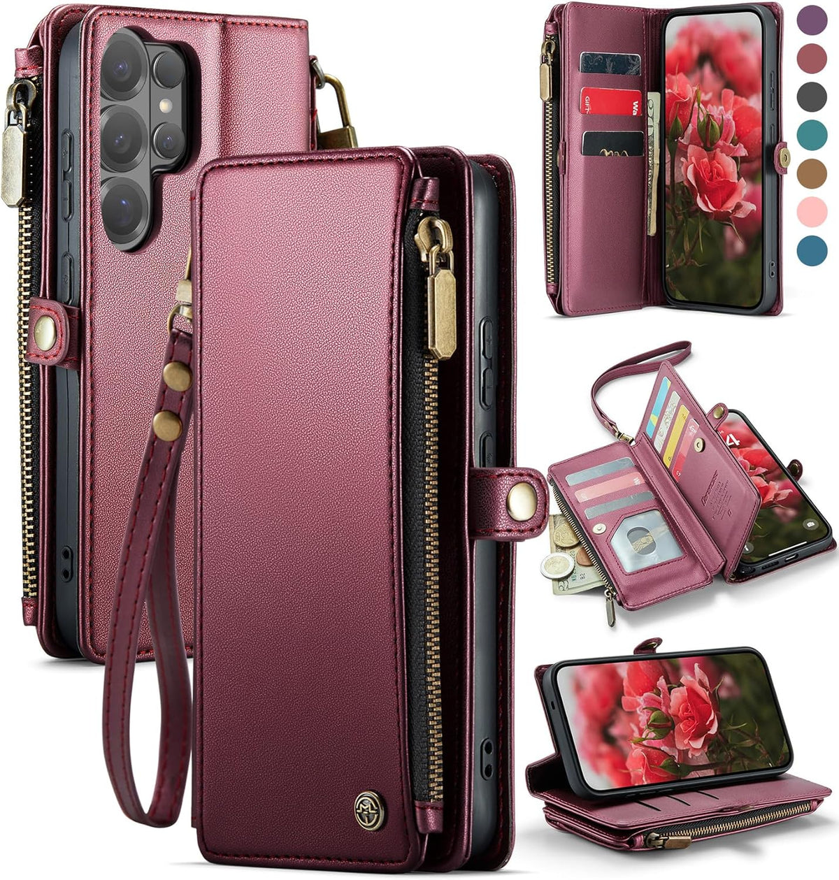 Funda Billetera Defencase para Galaxy S26 Ultra | Cuero PU con Bloqueo RFID y Porta Tarjetas | Cierre Magnetico, Correa y Zipper | Vino Tinto 6.9 Pulgadas