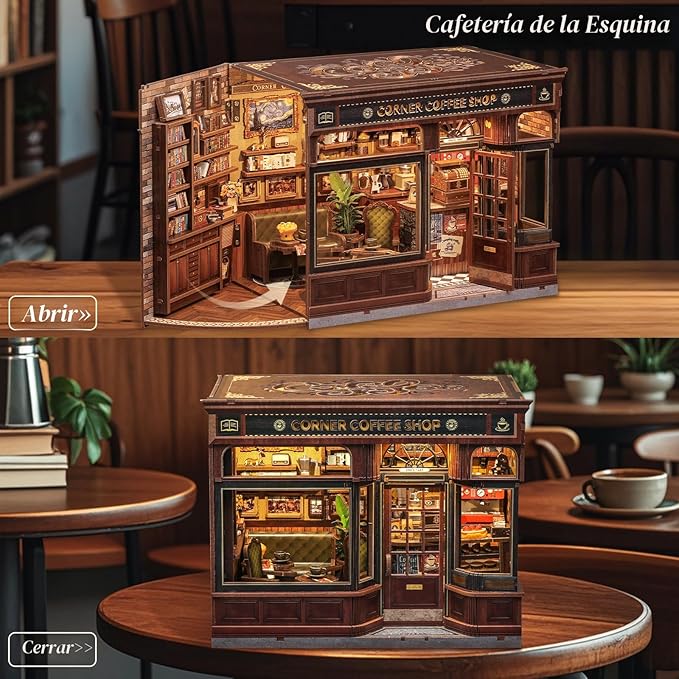 Kit Book Nook DIY CUTEBEE – Casa Miniatura Café en Esquina, Puzzle 3D de Madera para Adultos, Decoración de Librería y Regalo para Familia y Amigos