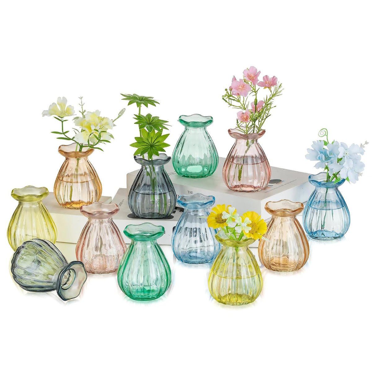 Jarrones pequeños Hewory para centros de mesa: 12 jarrones de vidrio de colores para flores - Mini jarrones acanalados para bodas, baby showers, despedidas de soltera y decoraciones para eventos.