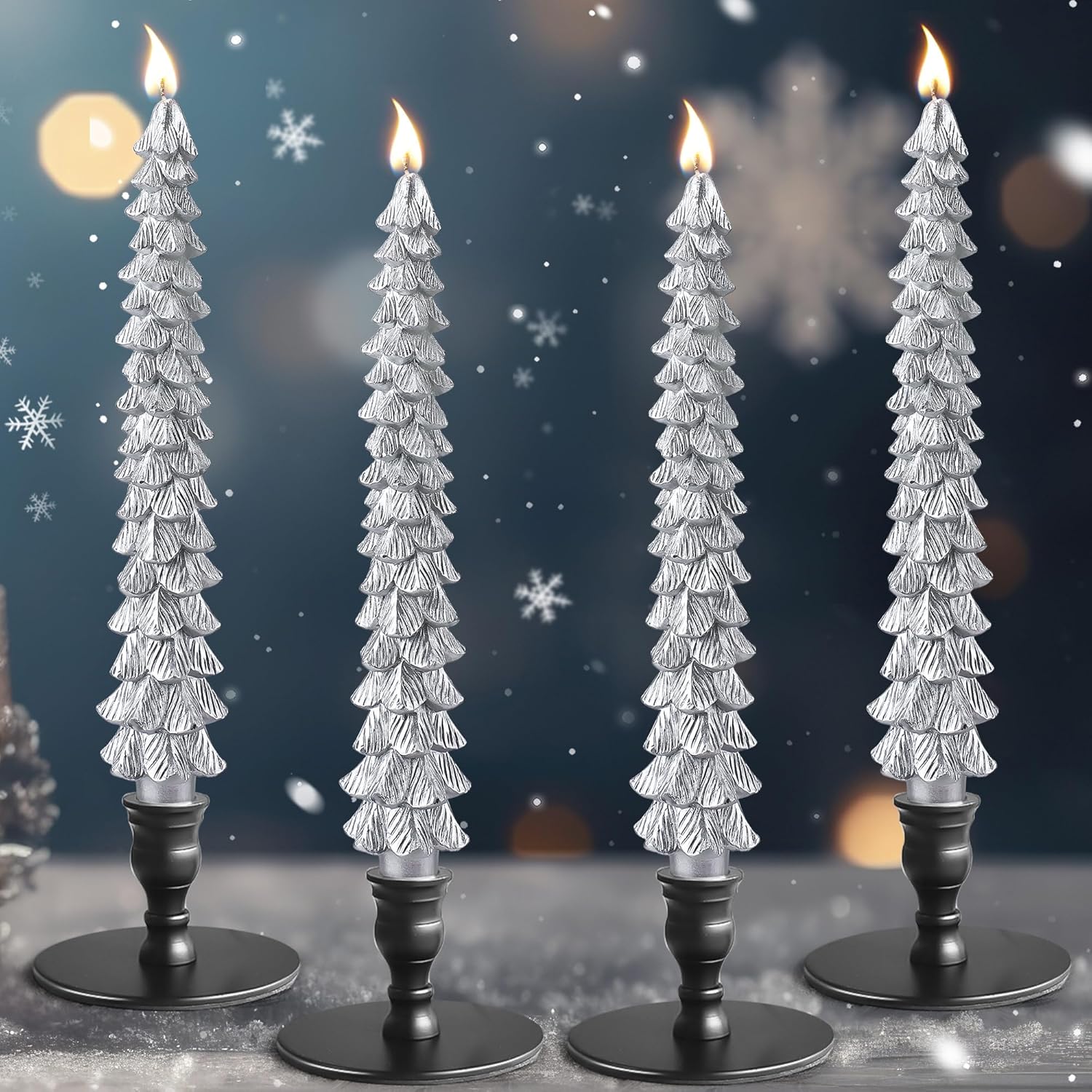 Ceoighe 4 Pcs 10 Inch Christmas Tree Candles, Premium Natural Unscented Beeswax Christmas Tree Shaped Taper Candles with Cotton Wick, for Xmas Holiday Decor, Party, Banquet(Silver)
