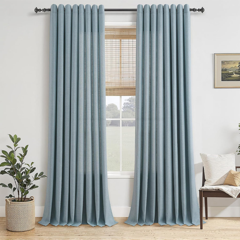 Jowels Cortinas de lino azul con ojales de 84 pulgadas de largo, 2 paneles