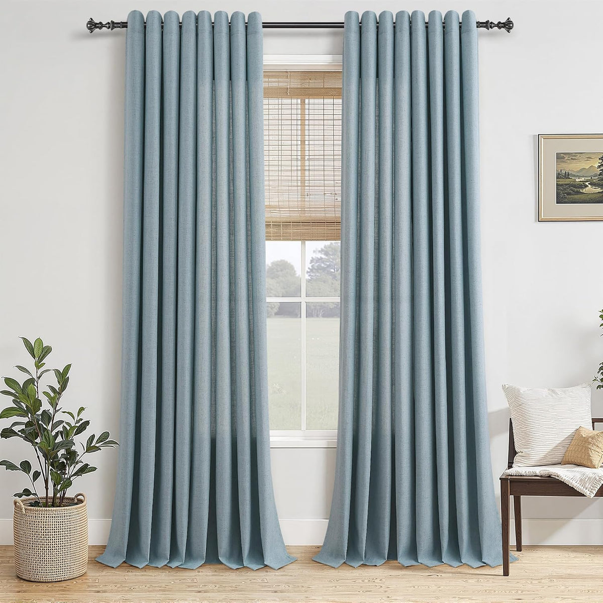 Jowels Cortinas de lino azul con ojales de 84 pulgadas de largo, 2 paneles